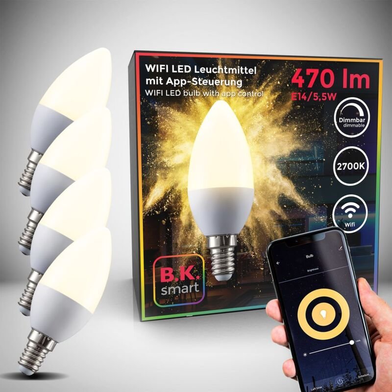 Thumbnail - Led Glühbirne E14 4er Set - 5,5W, 470lm, smart, dimmbar, 2700K, weiß
