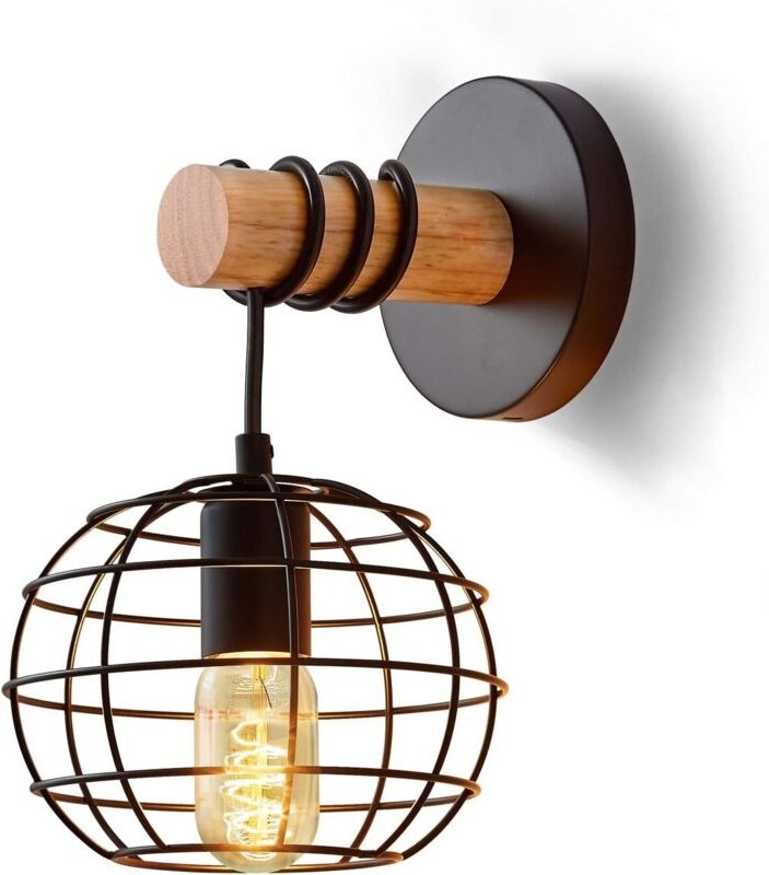 Wandleuchte Innen Vintage Wandlampe SchwarzIndustrial Runden Retro Lampe aus Eisen und Holz E27 fürTreppenhaus Flur Cafe...