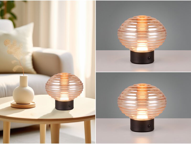 Meinewunschleuchte - 2er set Retro Akku Tischleuchten mit Glasschirm Bernsteinfarbig, Höhe 14cm