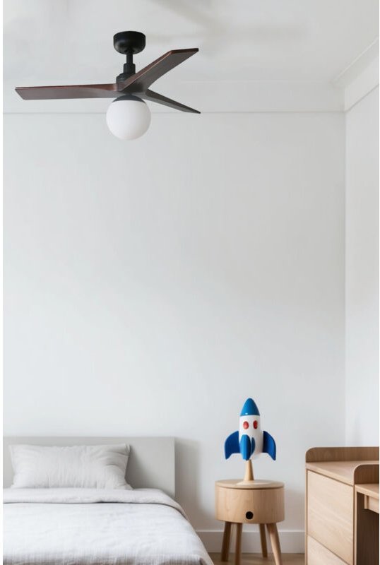 Faro Klim Kleiner 3-Flügel-Deckenventilator Mattschwarz, Walnuss mit Licht 1x E27 Tuya Smart System