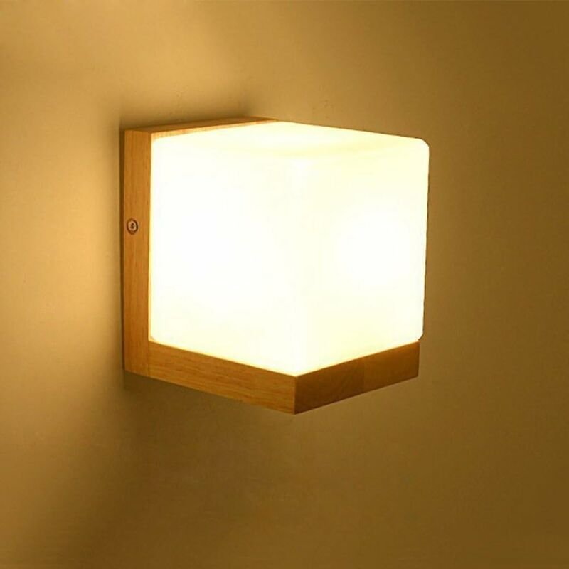 Moderne, einfache weiße Glas-Wandlampe im japanischen Stil, kreative E27-Beleuchtung, Holzwürfel, Edison-Wandleuchter, m...