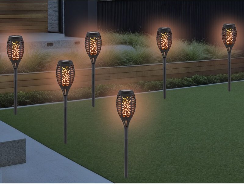 Meinewunschleuchte - Solarfackeln 6er Set mit Flammeneffekt, Schwarz, Höhe 49,5cm