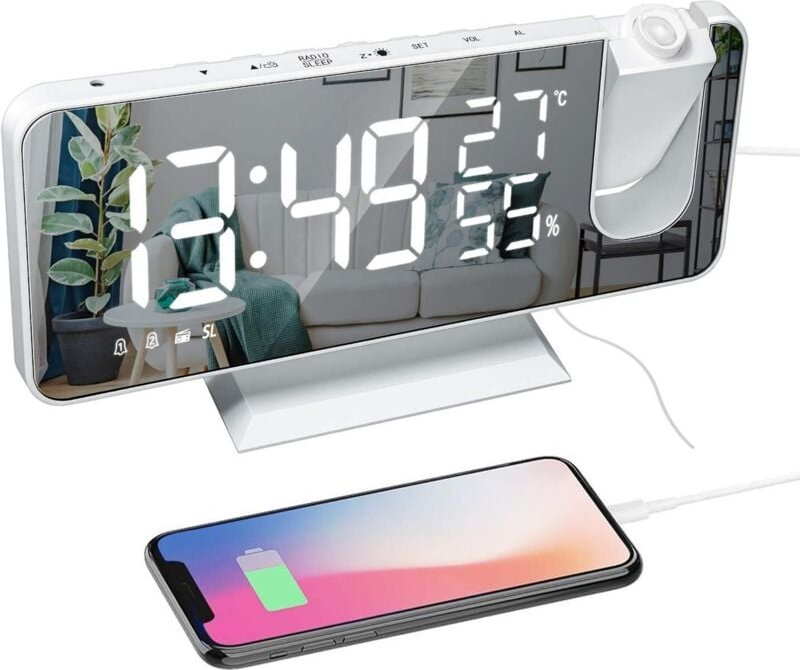 Projektionswecker fürs Schlafzimmer, 7,4 Zoll großes LED-Spiegeldisplay und 4 Dimmer, Radiowecker mit USB-Aufladung, 180...