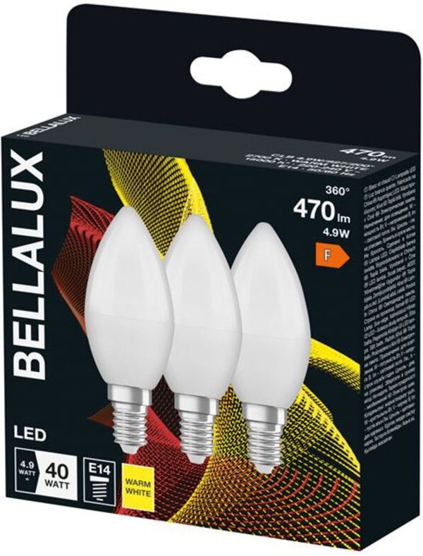 Bellalux - LED-Glühbirne mit matter Flamme, E14, 4,9W, warmweiß. 3er-Set.