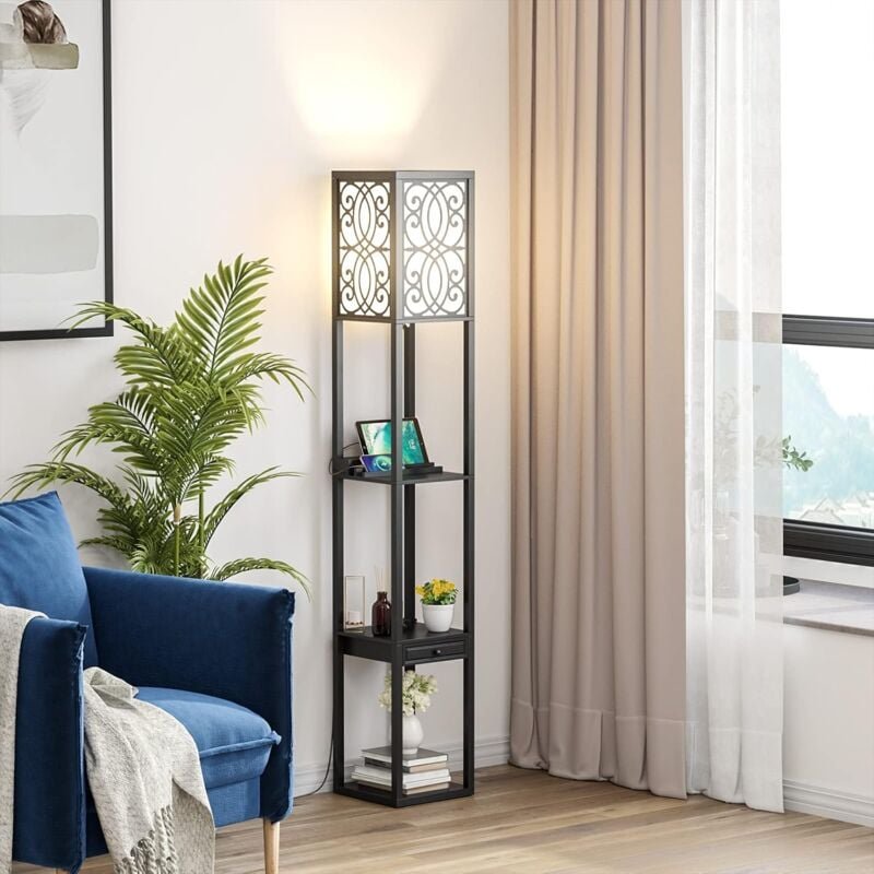 Costway - Stehleuchte E27 Stehlampe Regal, Standleuchte mit 3-Ebenen Holz, Moderne Innenbeleuchtung, Bodenlampe für Schl...