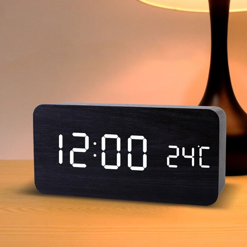 Digitaler Wecker aus Holz mit einstellbarer Helligkeit, Sprachsteuerung, rechteckiger LED-Uhr mit Zeit- und Temperaturan...