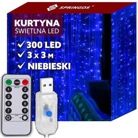 SPRINGOS Lichtervorhang Lichterkette 3 x 3 m LED Deko Innen 300 LEDs Fernbedienung 8 Leuchtmodi USB Blaues Licht Weihnac...