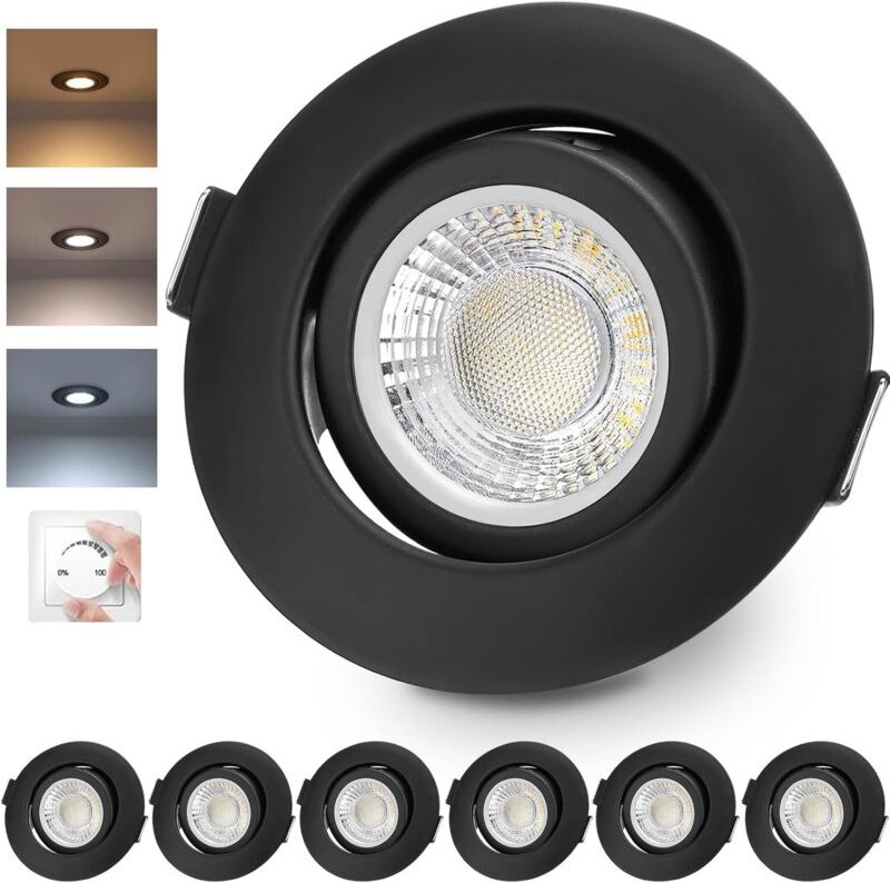 LED Einbaustrahler 230V Dimmbar Schwarz LED Spots 6W IP44 Bad Einbauleuchten Schwenkbar Deckenspots,Warmweiß Neutralweiß...