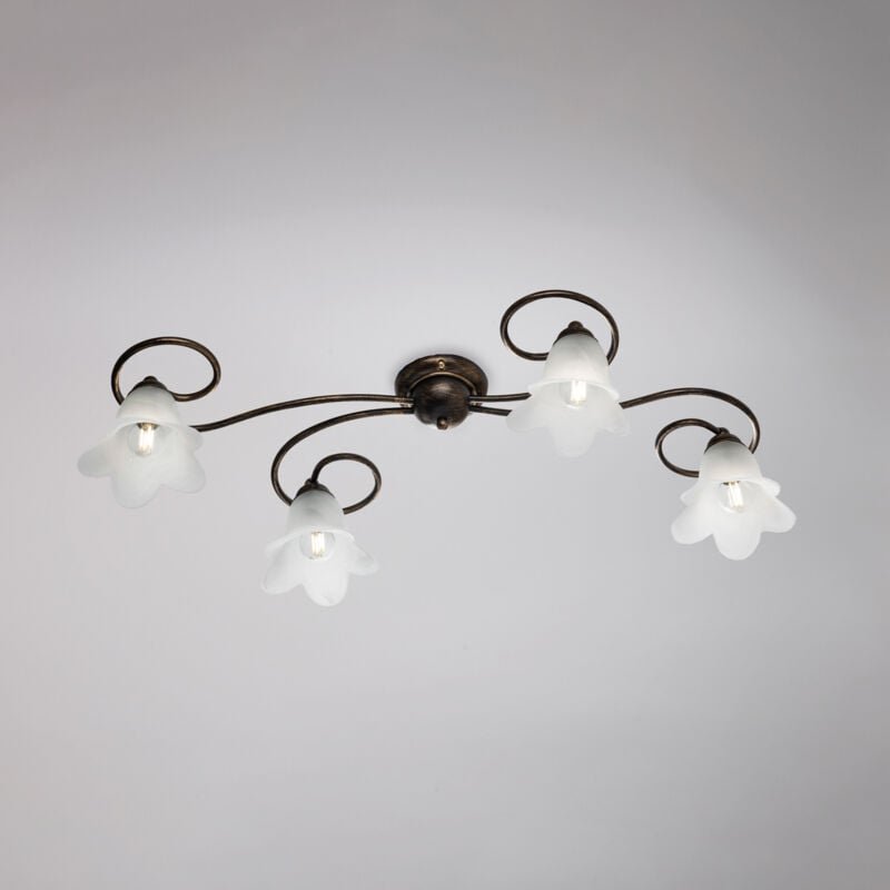 Bonetti Illumina - Eisen-Deckenleuchte Brown Gold vier Lichter Lampenschirme aus weißem Glas 87x40x h17 cm