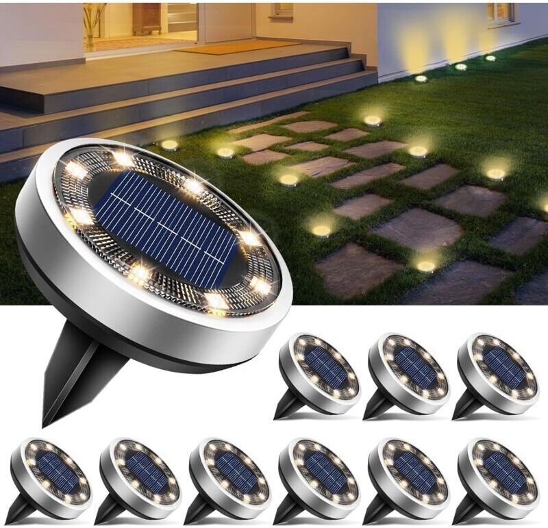 Set mit 10 Solar-Bodenleuchten, 8 LED-Solar-Gartenleuchten, wasserdicht (IP65), Solar-Strahler für Gartenwege
