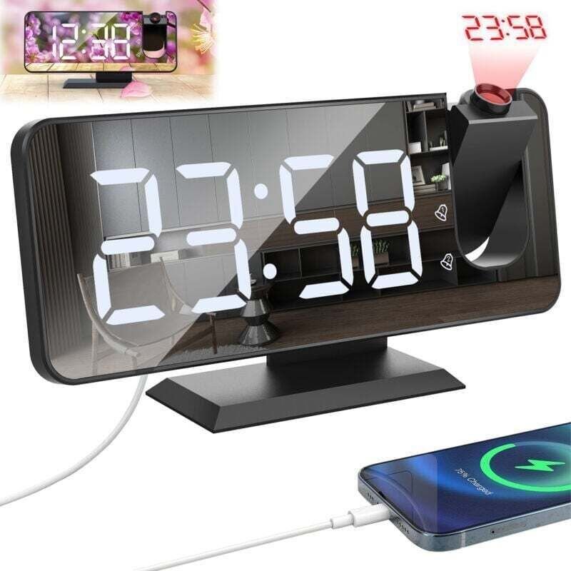 Projektorwecker mit Digitaluhr, Doppelalarm und LED-Spiegeldisplay, 7 Tasten, Schlummerfunktion, 4 Helligkeitsstufen, 12...