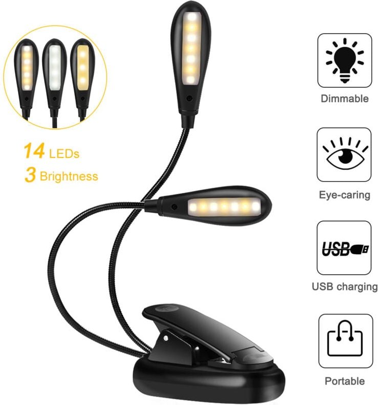 LED-Leseleuchte mit 14 per USB aufladbaren LEDs und Augenschonfunktion, dimmbare, flexible Doppelkopf-Klemmleuchte zum L...