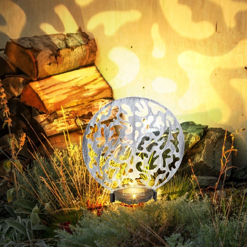 Solar Steckleuchte Solarlampe rund Außenlampe Gartendeko Erdspieß, Lichteffekt, Metall silber antik, 2x led warmweiß, Lx...