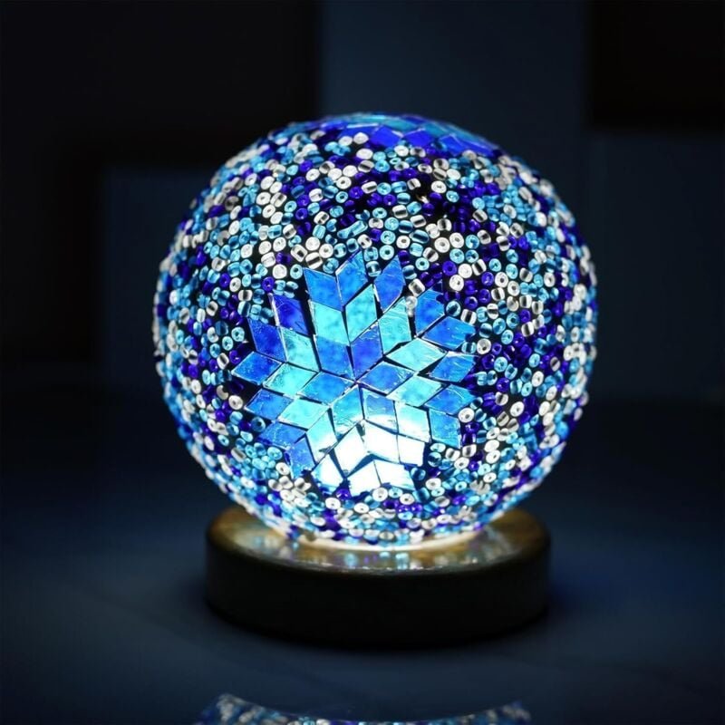 Boho-blaue Vintage-Retro-Nachttischlampe im türkisch-marokkanischen Tiffany-Stil, farbenfrohes handgefertigtes Glas mit ...