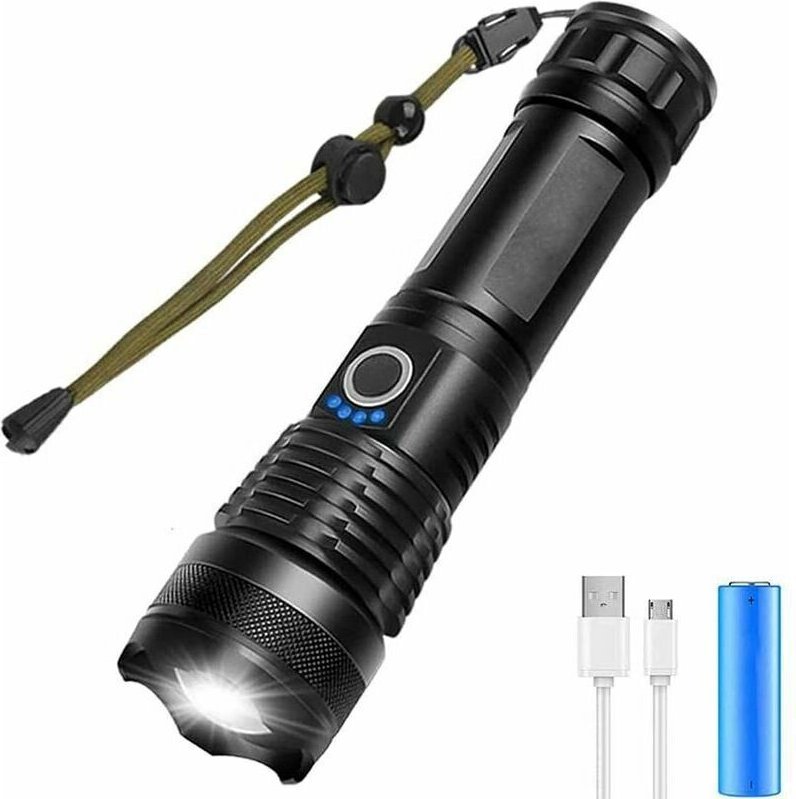 Ultrahelle 5000 Lumen LED-Taschenlampe, USB-aufladbar, extrem helle taktische Taschenlampe, 5 Zoommodi