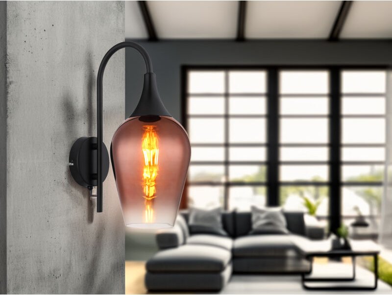 Ausgefallene led Wandleuchte mit Schalter & Glasschirm Kupfer, Höhe 36cm