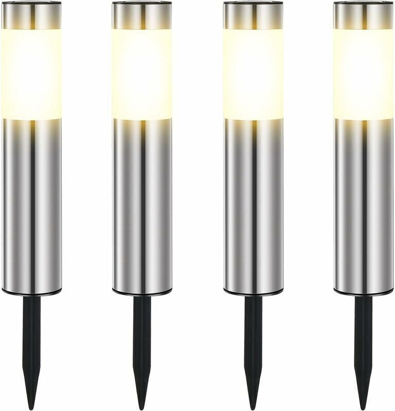 Solar-Gartenleuchten aus Edelstahl, wasserdicht (IP65), warmweiß, für Terrasse, Rasen, Wege und Gartenpfade (4 Stück)