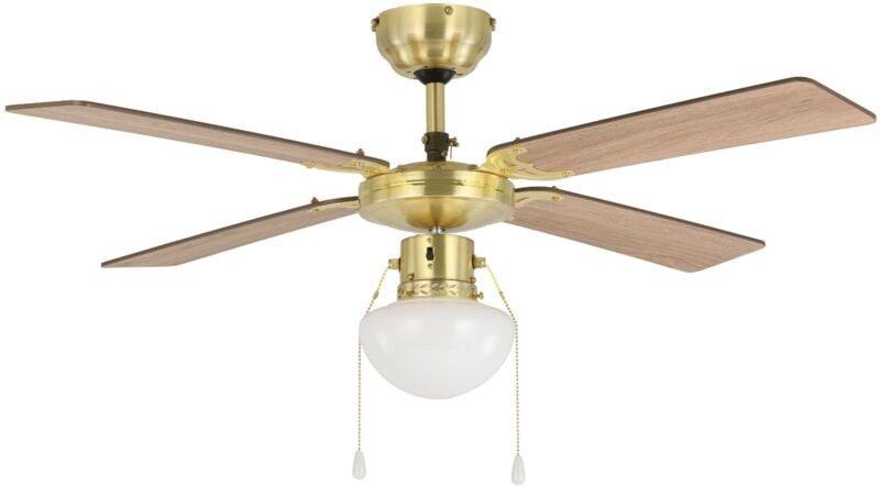 Deckenventilator Fortaleza, 4 Flügel Ventilator mit Zugkette, Beleuchtung und Sommer Winter Betrieb, Holz, brünierter St...