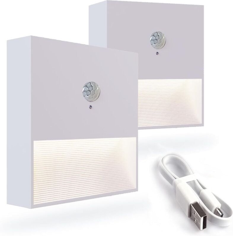 LED-Nachtlicht mit Bewegungsmelder, Set mit 2 wiederaufladbaren Wandnachtlichtern, 1000 mAh, 3000K, ideal für Treppenhau...