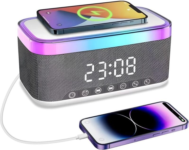 Radiowecker mit 15-W-Wireless-Charging, Bluetooth-Lautsprecher, Qi-Schnellladefunktion, 13 LED-Lichteffekten, FM-Radio u...