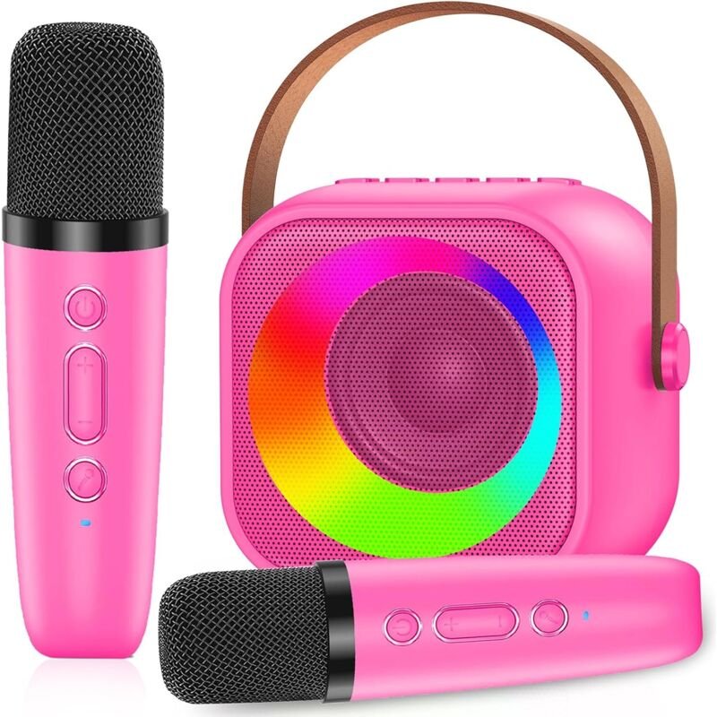 Micqutr Kinder-Karaoke-Set mit 2 Mikrofonen, kabellosen Karaoke-Mikrofonen, tragbarem Bluetooth-Karaoke-Spielzeug mit LE...