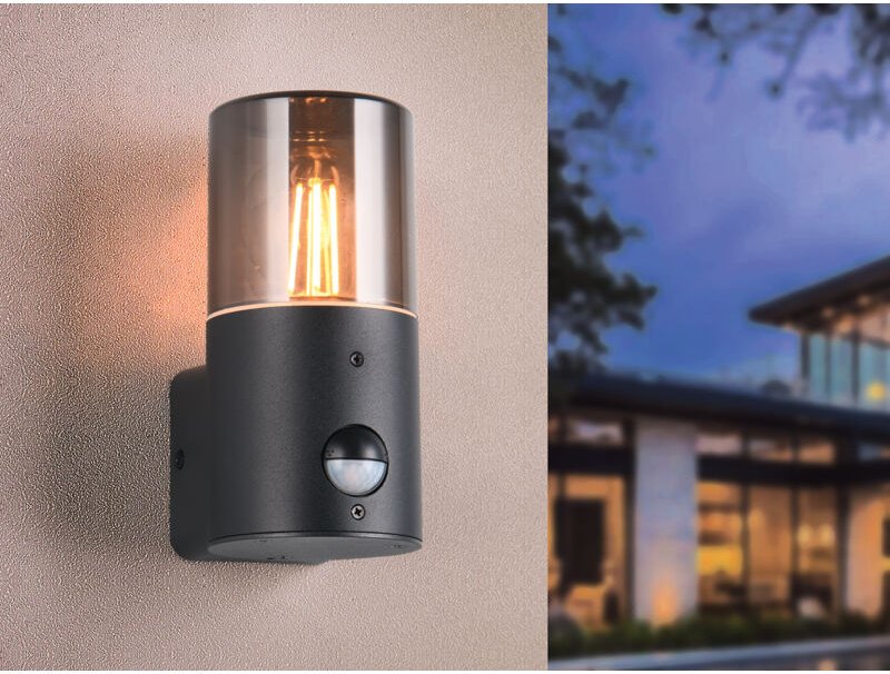 Meinewunschleuchte - led Außenwandleuchte Rauchgrau Schwarz mit Bewegungsmelder, Höhe 17,5cm
