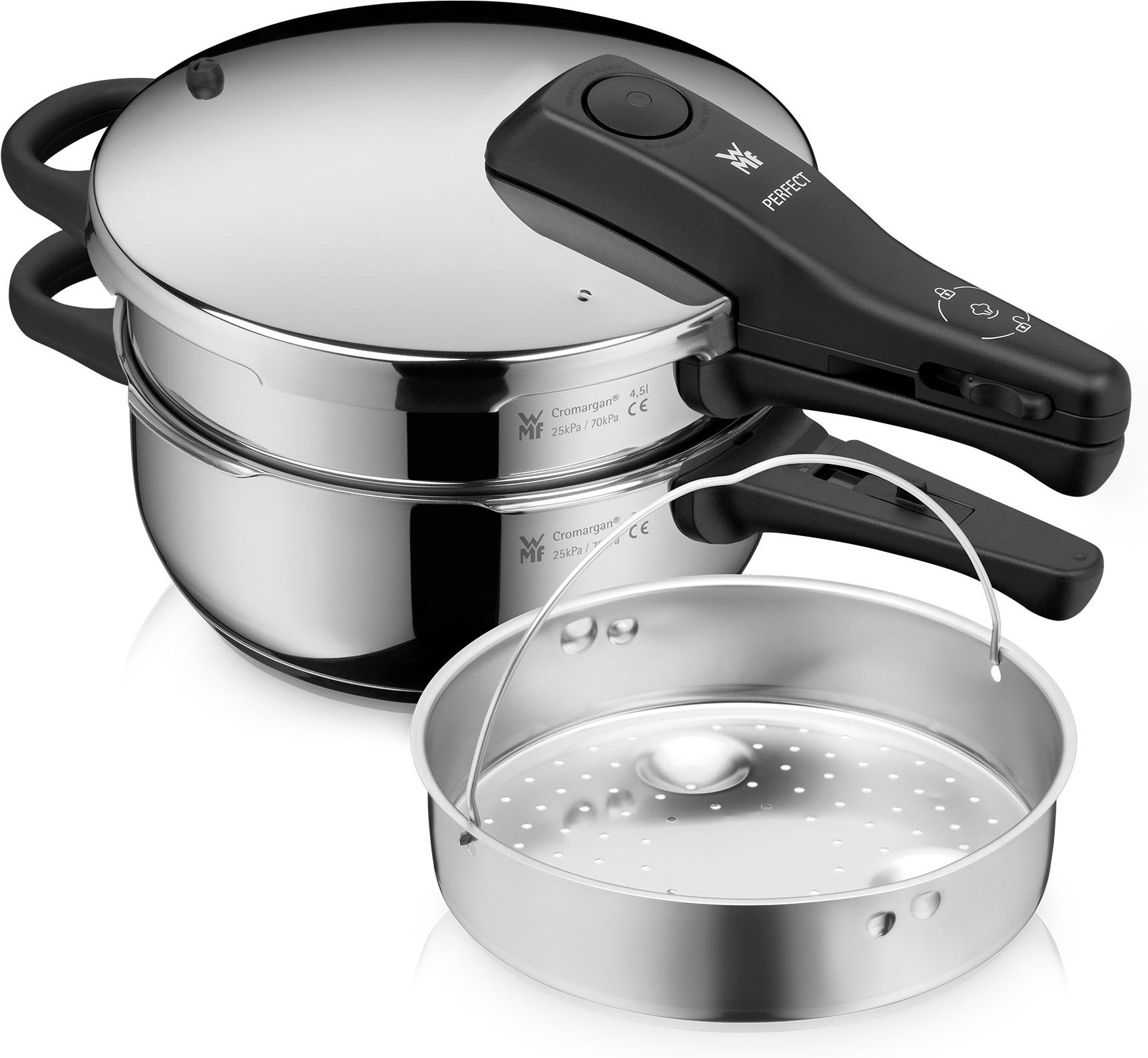 Perfect One Pot Schnellkochtopf-Set, 22 cm, 3 & 4,5 L, stapelbar, mit Dämpfeinsatz
