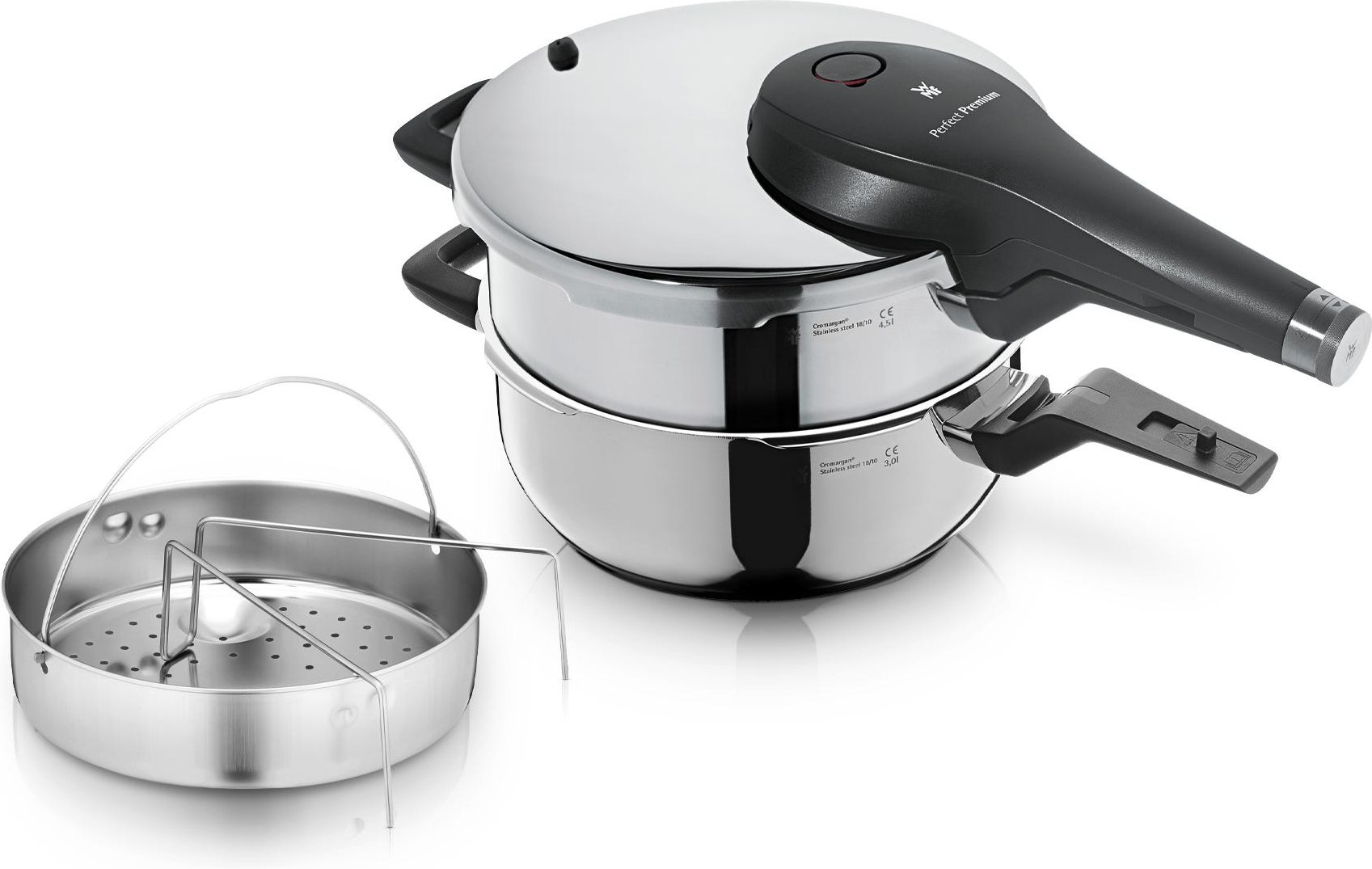 Perfect Premium One Pot Schnellkochtopf-Set mit Dampfgareinsatz, 22 cm, 4,5 und 3,0 Liter, stapelbar
