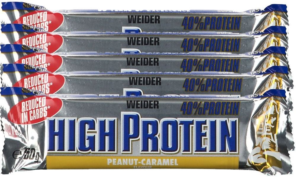 Weider 40 % High Protein Low Carb, Erdnuss-Karamell, Riegel 5x50 g