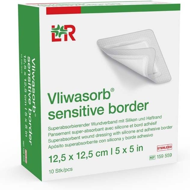 Vliwasorb sensitive bor.12,5x12,5cm superab.Wundv. 10 St Verband