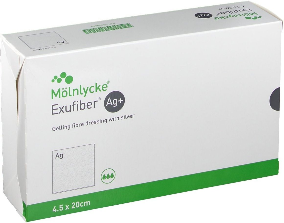 Exufiber Ag+ 4,5x20 cm gelbild.Faserverb.m.Silber 10 St Verband