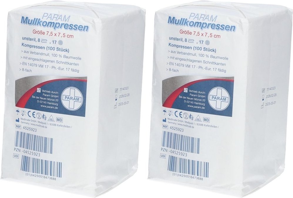 Mullkompressen 7,5x7,5 cm unsteril 8fach 2x 2x100 St Kompressen