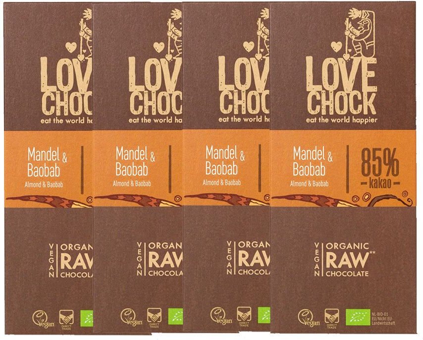 Lovechock Bio rohe Schokolade, Mandel-Baobab, Tafel 4x70 g Schokolade