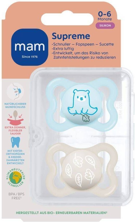 Thumbnail - MAM Supreme Fopspeen Silicone Blue 0-6 2 St Schnuller