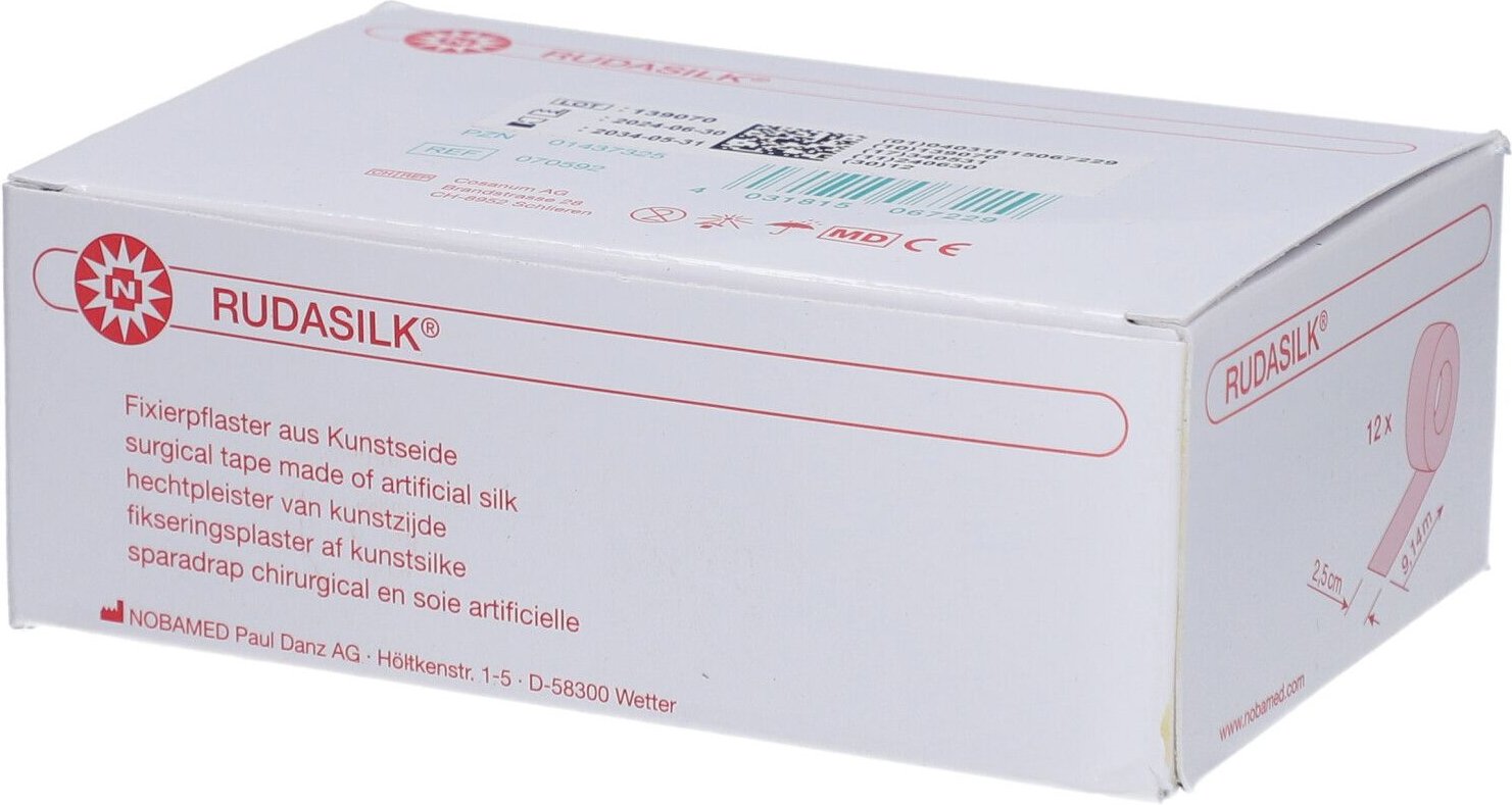 Rudasilk Fixierpflaster 2,5 cmx9 m o.Seitenschei. 12 St Pflaster