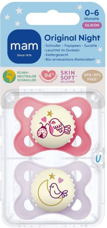 MAM Original Night Fopspeen Silicone Pink 0-6 2 St Schnuller