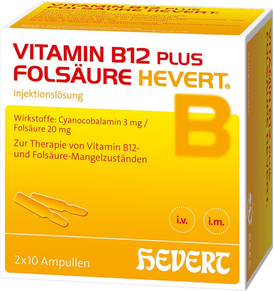 Vitamin B12 Plus Folsäure Hevert a 2 ml Ampullen 2x10x2