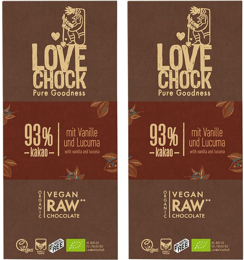 Lovechock Bio rohe Schokolade, 93 % Kakao, Tafel 2x70 g Schokolade