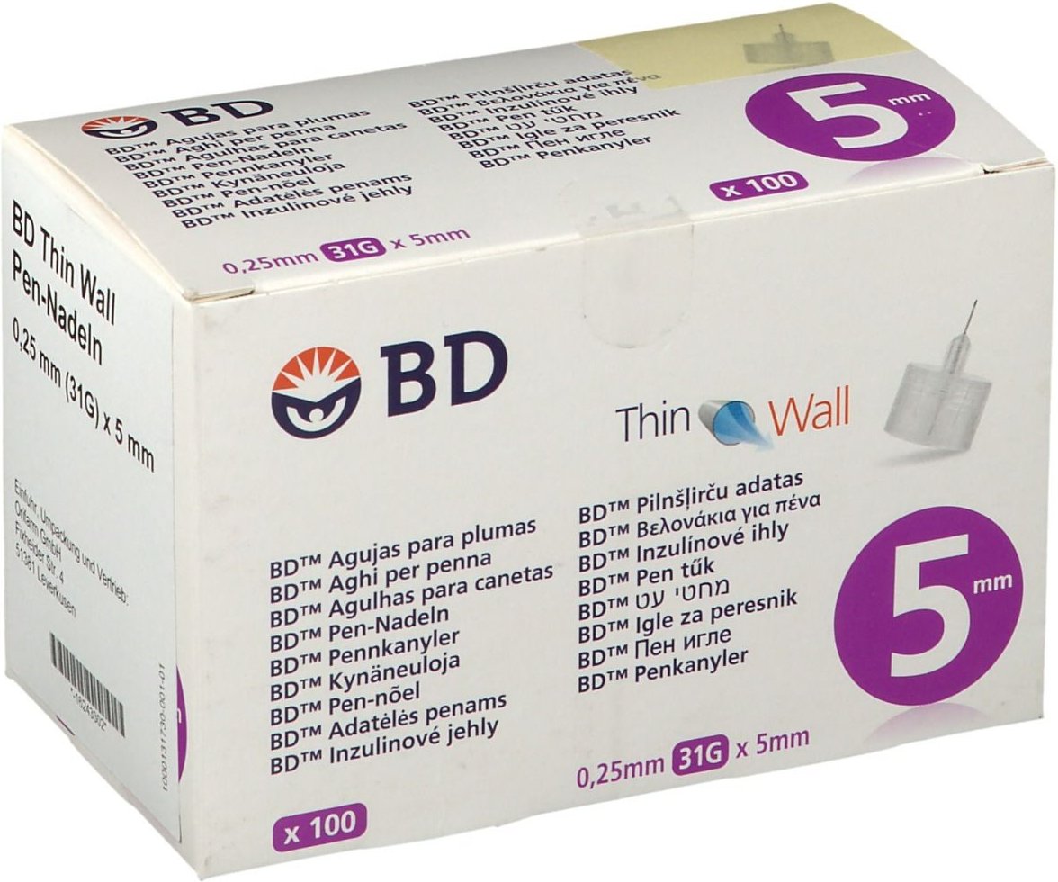 BD Thin Wall Pen-Nadeln 0,25 31 Gx5 mm 100 St Kanüle