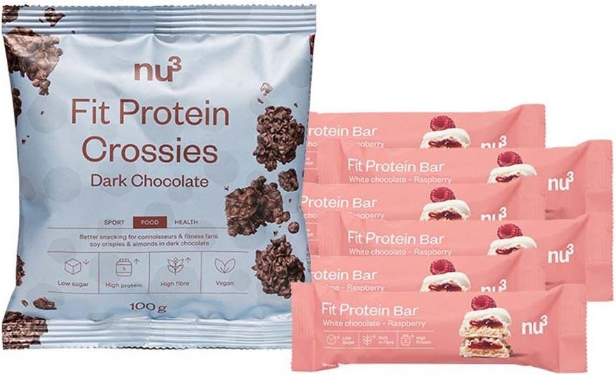 6x nu3 Fit Protein Bar, White Chocolate Raspberry + Crossies 1 St Set