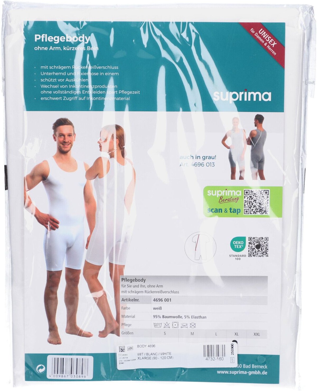 Suprima 4696 Body Z/mouw + Rugrits Wit Xl 1 St Pflegebekleidung