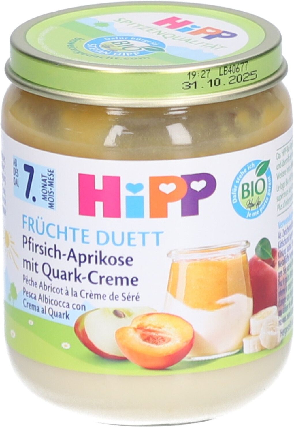 Hipp Bio Pfirsich-Aprikose mit Quark Glas 160 g Futter