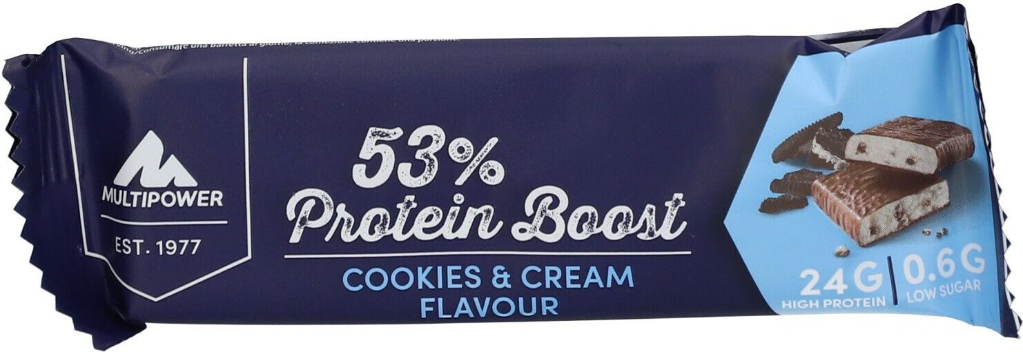 Thumbnail - Multipower 53% Protein Boost Cookies & Cream Flavour 45 g Riegel