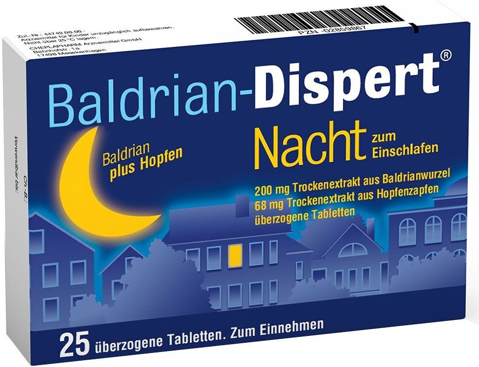 Baldrian Dispert Nacht zum Einschlafen überzogene Tabletten
