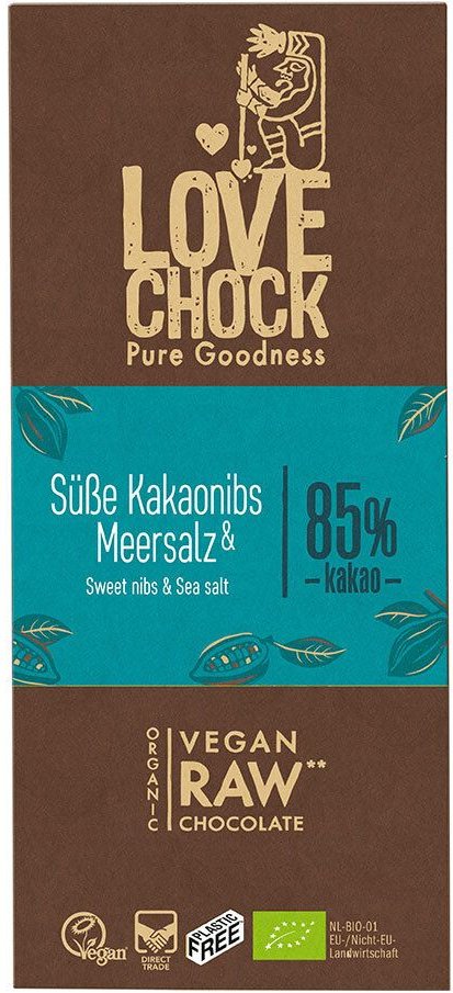 Lovechock Bio rohe Schokolade, Süße Kakaonibs-Meersalz 70 g Schokolade