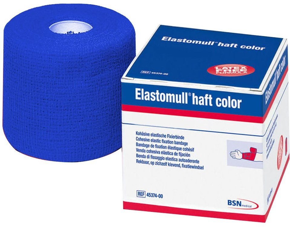 Elastomull haft color 8 cmx4 m Fixierb.blau 1 St Binden