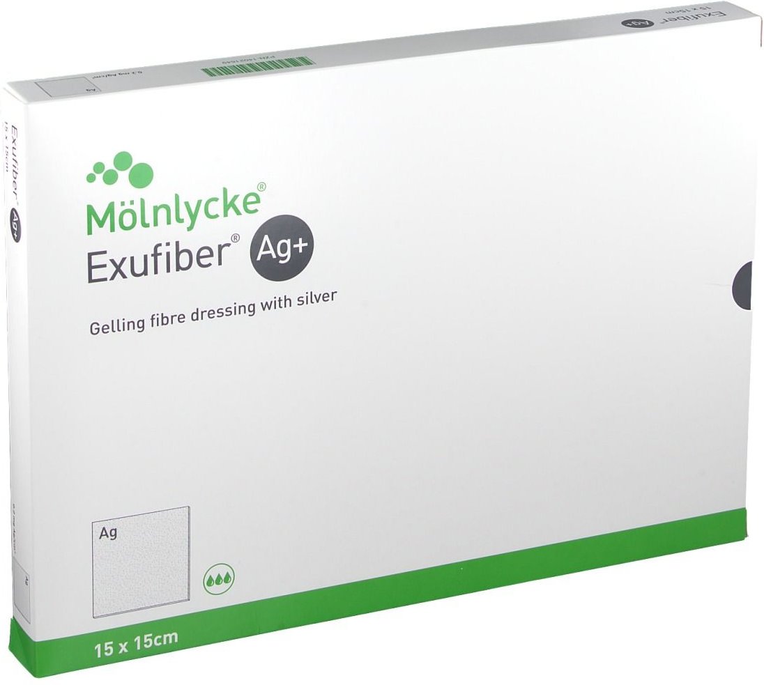 Exufiber Ag+ 15x15 cm gelbild.Faserverb.m.Silber 10 St Verband