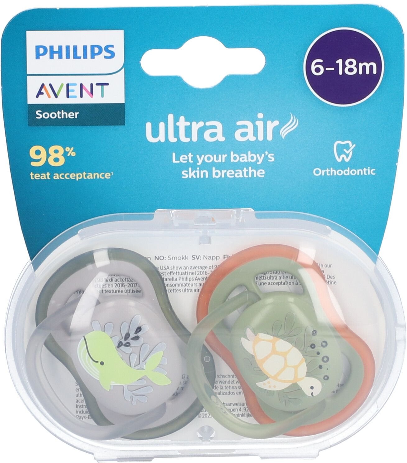 Philips Avent Ultra Air Fopspeen Schildpad - Walvis 6-18 Maanden Scf085/60 2 St Sauger