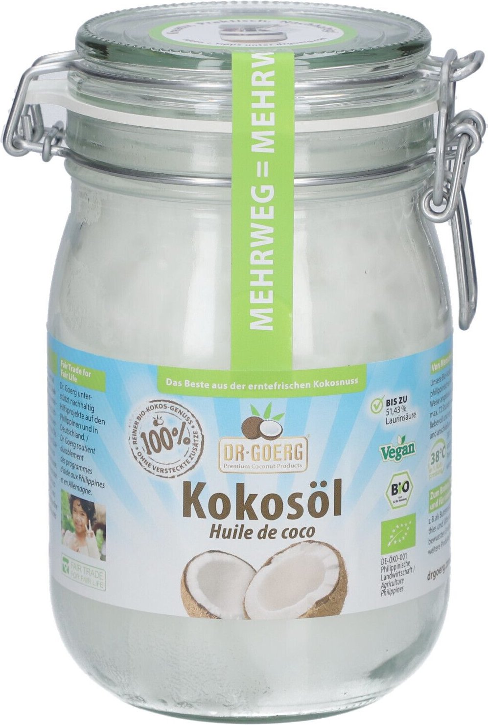 Thumbnail - Bio-Kokosöl 'Bügelglas' 1000 ml Öl
