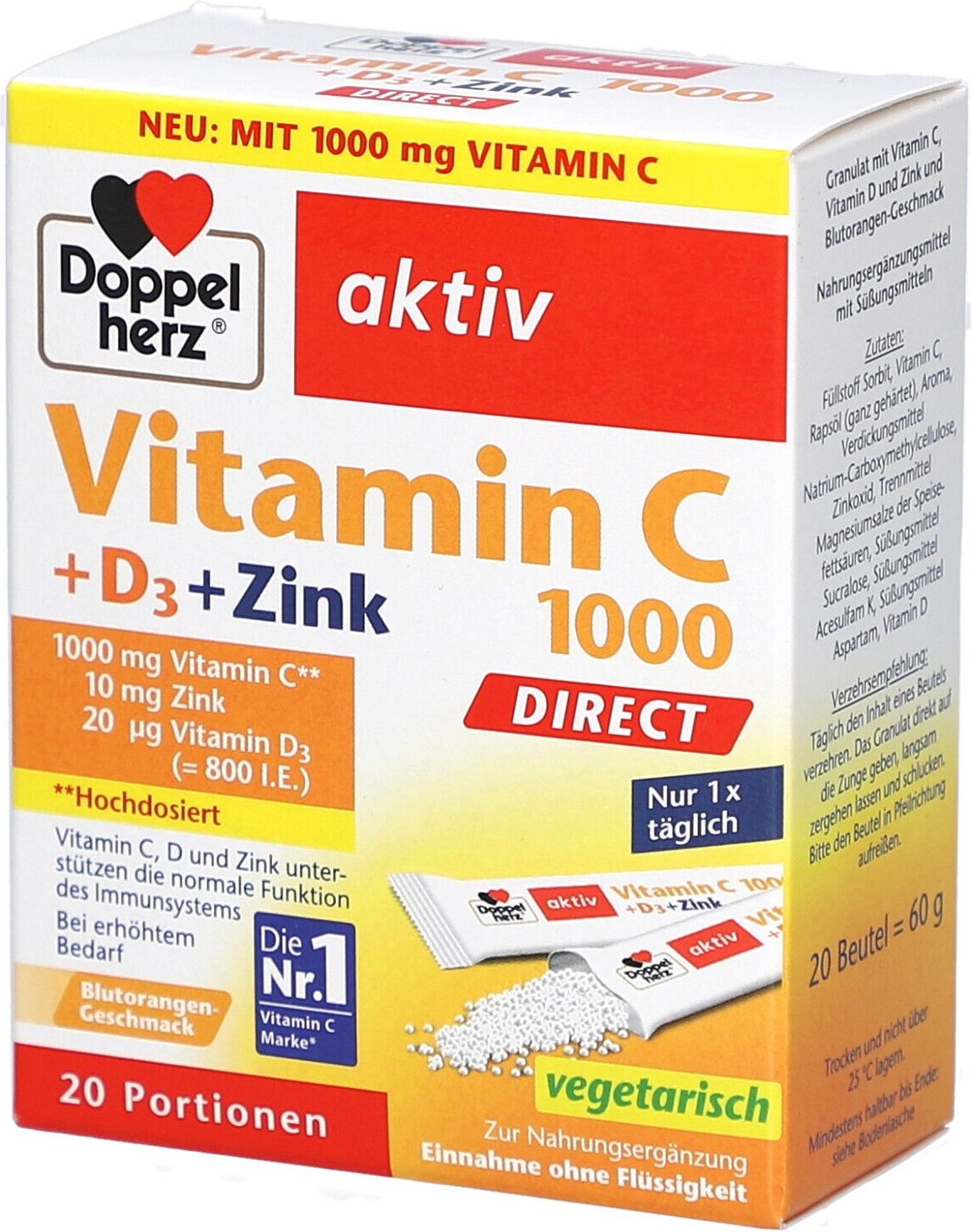 Doppelherz Vitamin C 1000+D3+Zink Direct Pellets 20 St